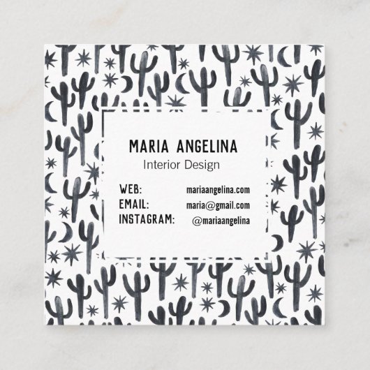 Night Desert Cactus Moon Stars Waterverf Design Vierkante Visitekaartje (Achterkant)