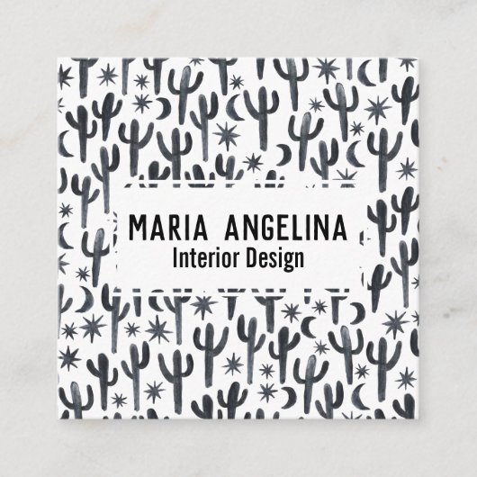Night Desert Cactus Moon Stars Waterverf Design Vierkante Visitekaartje (Voorkant)