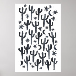 Night Desert Fun Cactus Indigo Pattern Waterverf Poster