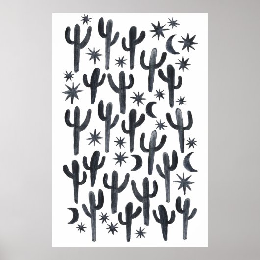 Night Desert Fun Cactus Indigo Pattern Waterverf Poster (Voorkant)