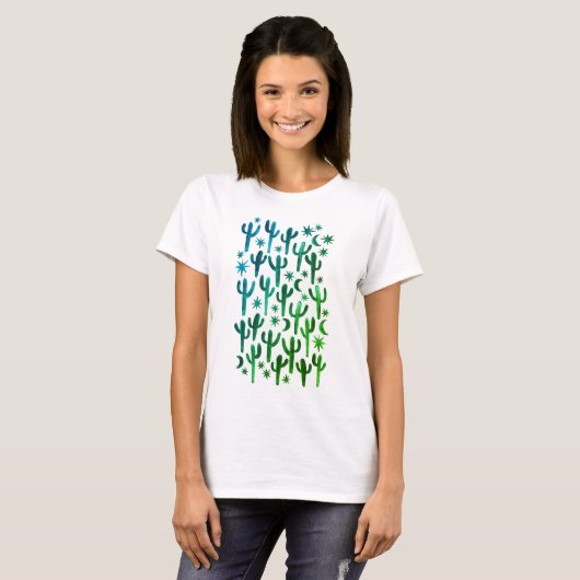 Night Desert Saguaro Cacti Green Waterverf T-shirt (Voorkant volledig)