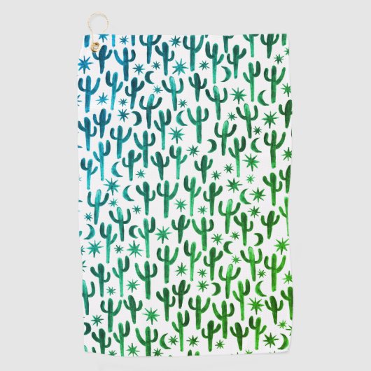 Night Desert Saguaro Cacti Waterverf Ombre Green Golfhanddoek (Voorkant)