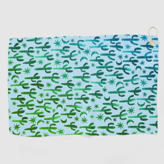 Night Desert Saguaro Cacti Waterverf Ombre Green Golfhanddoek (Horizontaal)