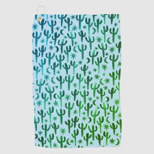 Night Desert Saguaro Cacti Waterverf Ombre Green Golfhanddoek (Voorkant)