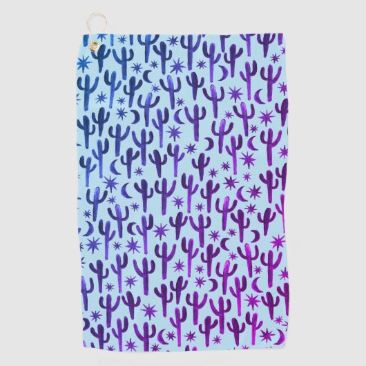Night Desert Saguaro Cacti Waterverf Ombre Paars Golfhanddoek (Voorkant)