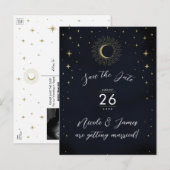 Night Gold Celestial Sunburst foto Bewaar de datum Aankondigingskaart (Voorkant / Achterkant)