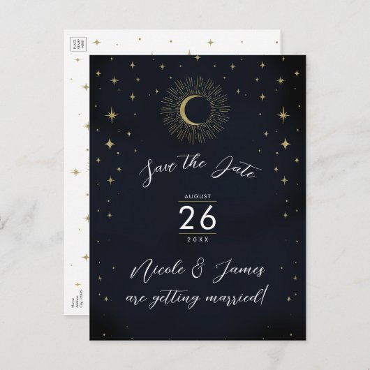 Night Gold Celestial Sunburst foto Bewaar de datum Aankondigingskaart (Voorkant / Achterkant)