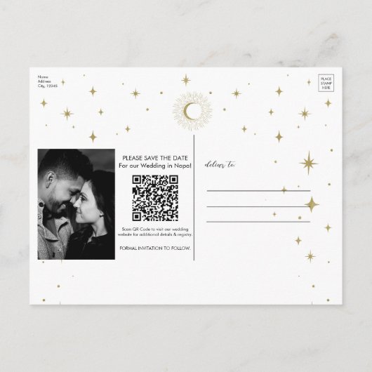 Night Gold Celestial Sunburst foto Bewaar de datum Aankondigingskaart (Achterkant)