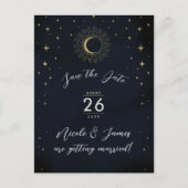 Night Gold Celestial Sunburst foto Bewaar de datum Aankondigingskaart (Voorkant)