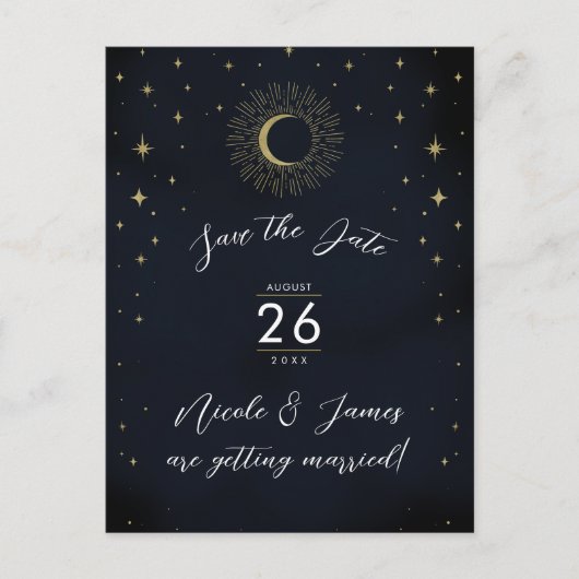 Night Gold Celestial Sunburst foto Bewaar de datum Aankondigingskaart (Voorkant)