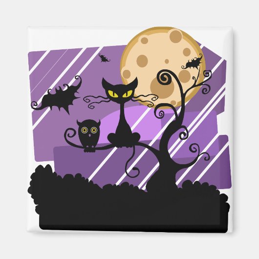 Night Halloween Moon Cat Tree Outside Owl Bat Magneet (Voorkant)