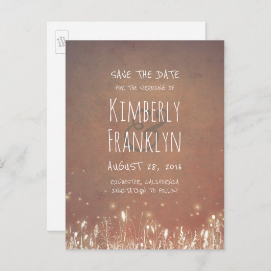 Night Lights Firefly Rustic Country Bewaar de datu Aankondigingskaart (Voorkant / Achterkant)