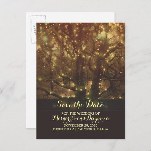Night Lights Trees Rustic Save The Date Briefkaart (Voorkant / Achterkant)