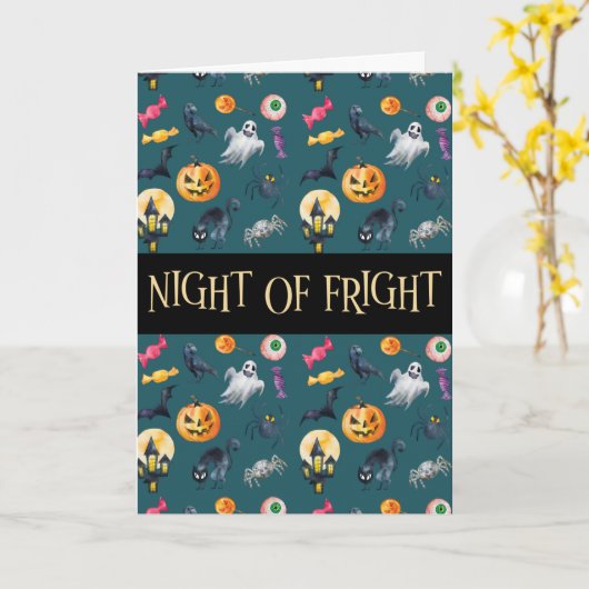 'Night of Fright' Green Halloween Pattern Kaart (Gele Bloem)