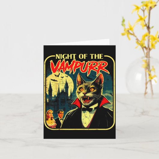 Night Of The Vampurr Funny Cat Halloween  Kaart (Gele Bloem)