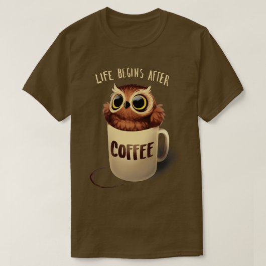 Night Owl Fluffy Cute Bird Morning Coffee T-shirt (Design voorkant)