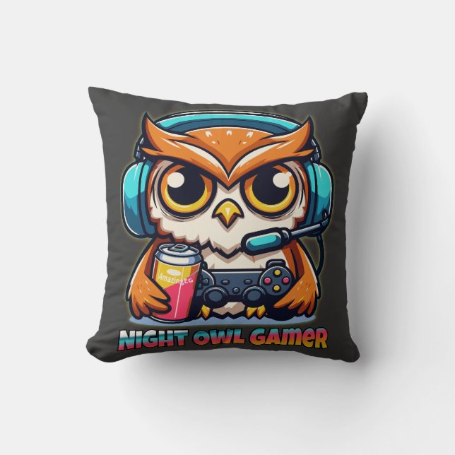 Night Owl Gamer Mascot Fun Gaming Illustration Kussen (Voorkant)