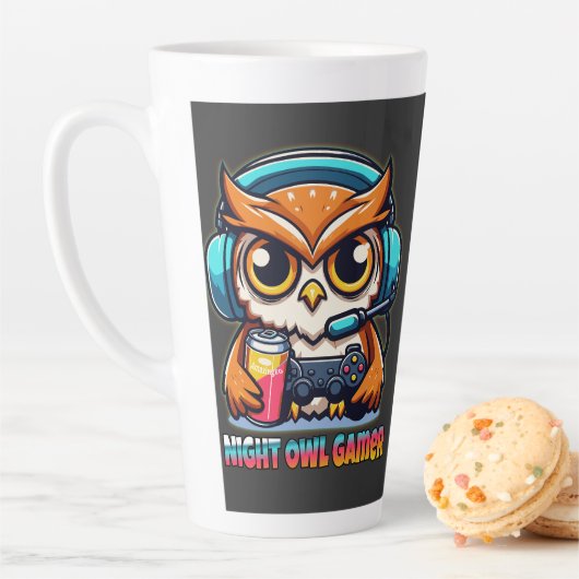 Night Owl Gamer Mascot Fun Gaming Illustration Latte Mok (In situ)
