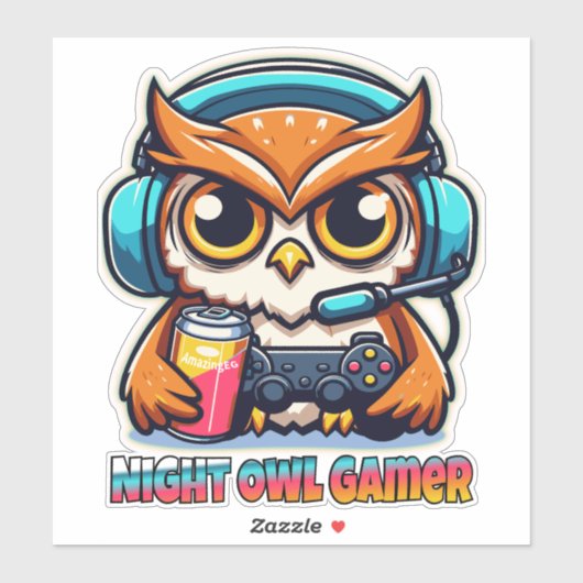 Night Owl Gamer Mascot Fun Gaming Illustration Sticker (Vel)