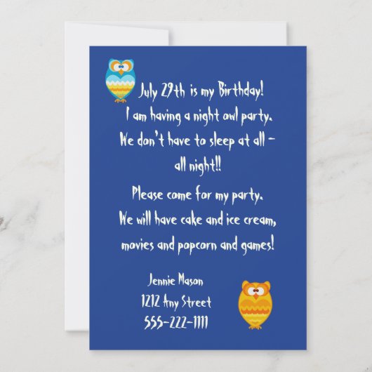 Night Owl Verjaardagsfeestuitnodiging Kaart (Achterkant)