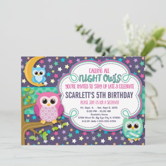 Night Owls Sleepover verjaardagsfeestje uitnodigin Kaart (Staand voorkant)