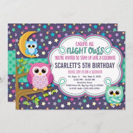 Night Owls Sleepover verjaardagsfeestje uitnodigin Kaart (Voorkant / Achterkant)