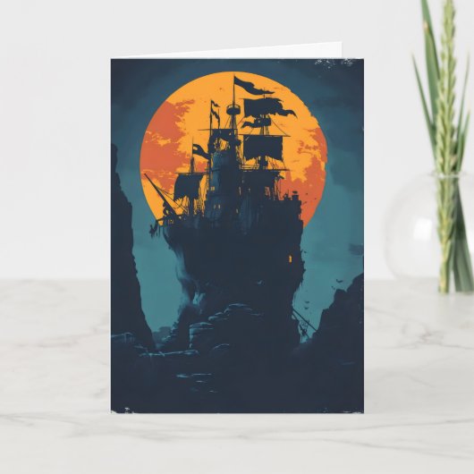 Night Pirate Ship Island Feestdagen Kaart (Voorkant)