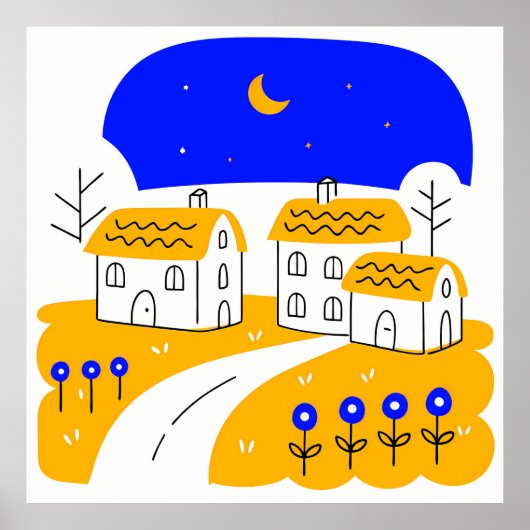 Night Scene of a Small Village Landscape Poster (Voorkant)