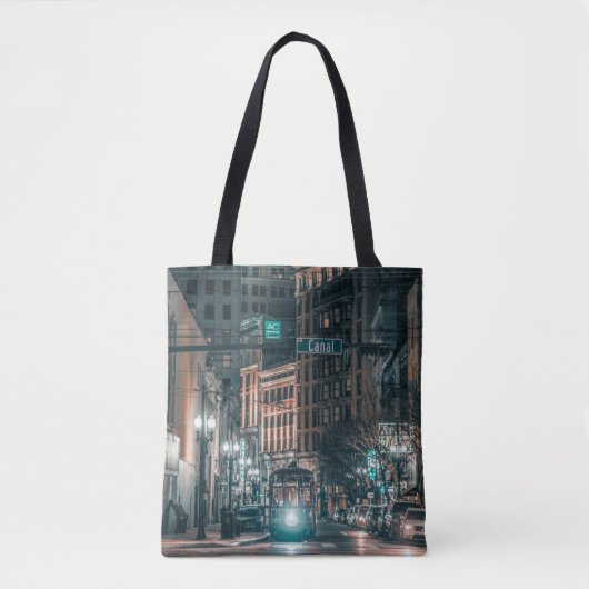 Night Scene of Street Car on Canal Street Tote Bag (Voorkant)