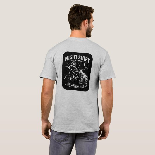 Night Shift Motorcycle Garage Pin Up Style T-Shirt (Achterkant volledig)