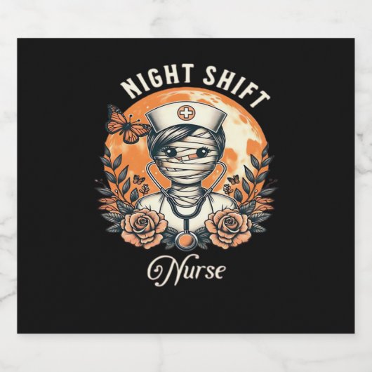 Night Shift Nurse Mummy Halloween Healthcare Flora Sparkling Wijnetiket (Enkel label)