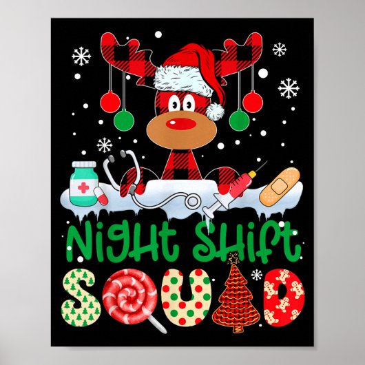 Night Shift Squad Nurse Reindeer Buffalo Red Plaid Poster (Voorkant)
