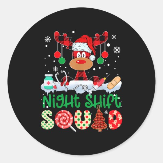Night Shift Squad Nurse Reindeer Buffalo Red Plaid Ronde Sticker (Voorkant)
