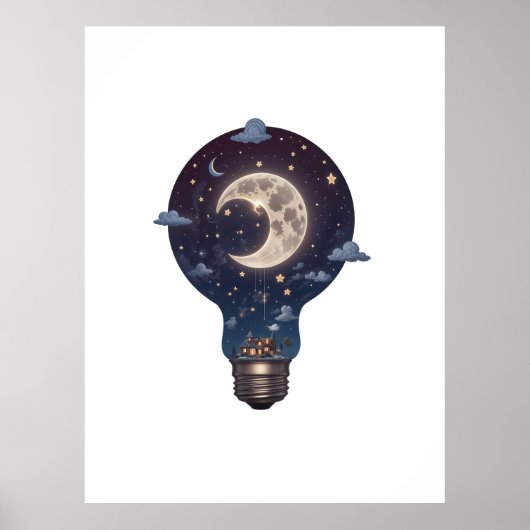 Night Sky and Cottage Inside a Lightbulb Poster (Voorkant)
