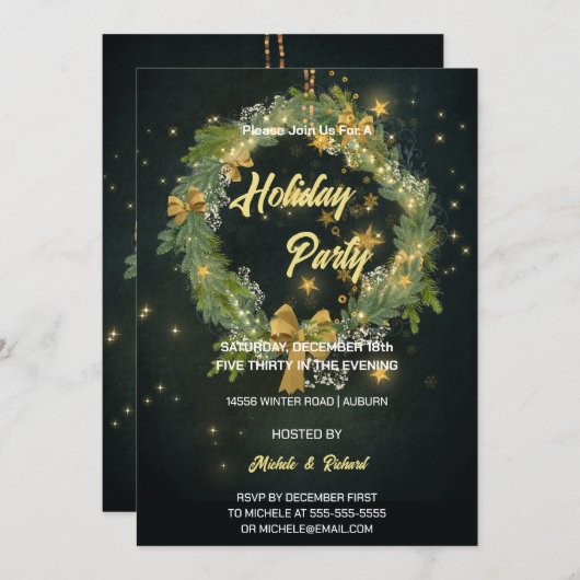 Night Sky and Wreath Holiday Party Uitnodiging (Voorkant / Achterkant)