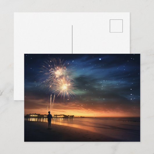 Night Sky Beach Vuurwerk Briefkaart (Voorkant / Achterkant)