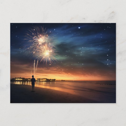Night Sky Beach Vuurwerk Briefkaart (Voorkant)