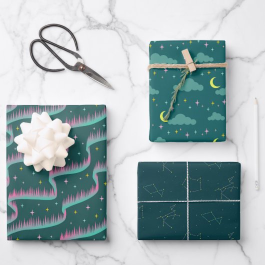 Night Sky Blauwgroen Green Wrapping Paper Trio Bun (Voorkant)