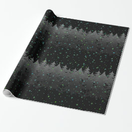Night Sky Blue Green Stars Tree Snow Black Holiday Cadeaupapier