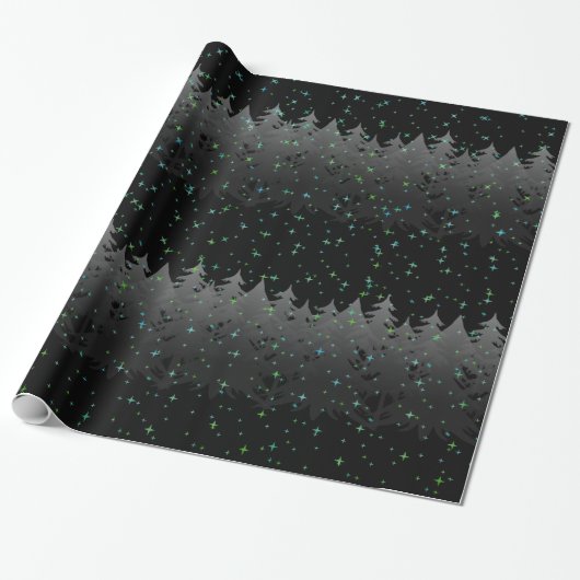 Night Sky Blue Green Stars Tree Snow Black Holiday Cadeaupapier (Uitgerold)