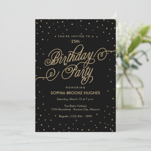 Night Sky Gold & Black Fancy Birthday Party Invite Kaart (Staand voorkant)