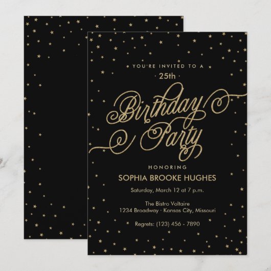 Night Sky Gold & Black Fancy Birthday Party Invite Kaart (Voorkant / Achterkant)