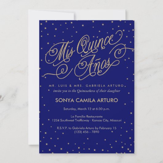 Night Sky Gold Stars & Navy Quinceañera Uitnodigin Kaart (Voorkant)