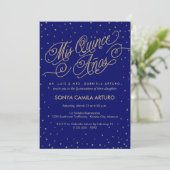 Night Sky Gold Stars & Navy Quinceañera Uitnodigin Kaart (Staand voorkant)
