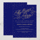 Night Sky Gold Stars & Navy Quinceañera Uitnodigin Kaart (Voorkant / Achterkant)