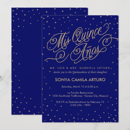 Night Sky Gold Stars & Navy Quinceañera Uitnodigin Kaart (Voorkant / Achterkant)