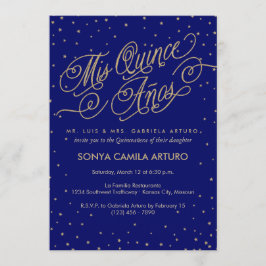 Night Sky Gold Stars & Navy Quinceañera Uitnodigin Kaart