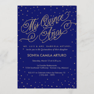 Night Sky Gold Stars & Navy Quinceañera Uitnodigin Kaart