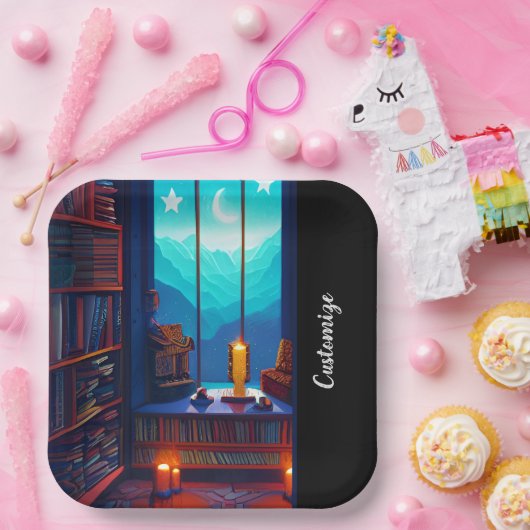 Night Sky Library Square Papieren Bordje (Feest)