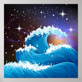 Night Sky met Giant Wave Tting Blue Poster